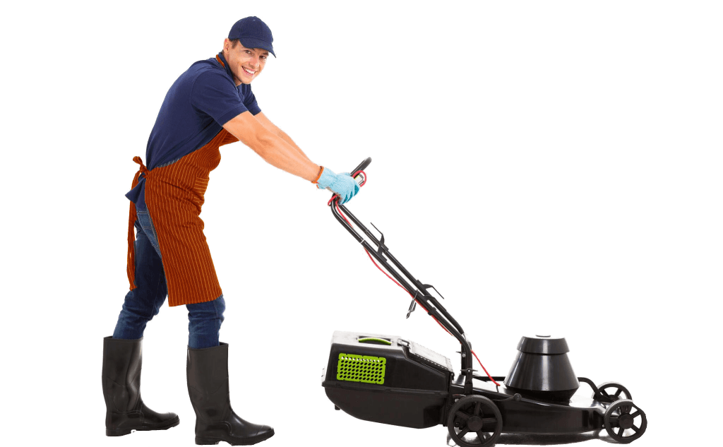 man pushing lawn mower for lawn maintenance services